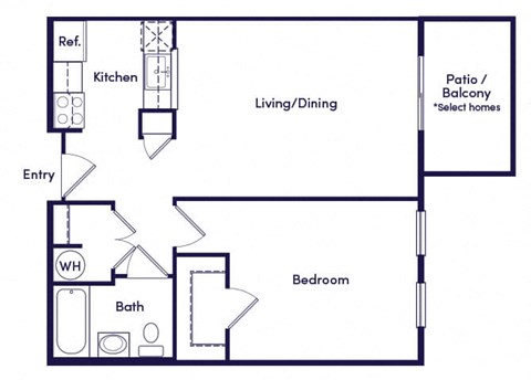 Floor plan for 1 bed, 1 bath, 619 sqft