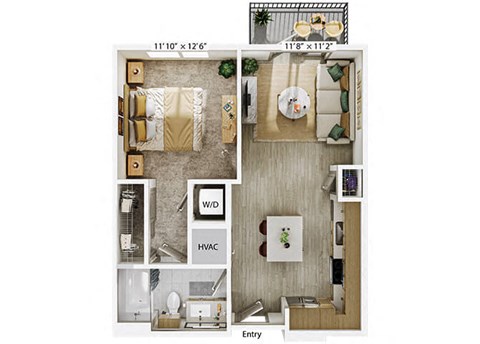 Floor plan for 1 bed, 1 bath, 633 sqft