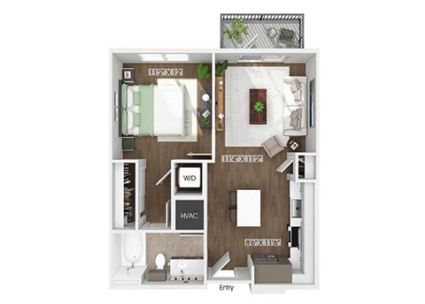 Floor plan for 1 bed, 1 bath, 633 sqft