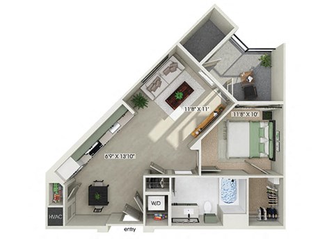 Floor plan for 1 bed, 1 bath, 637 sqft