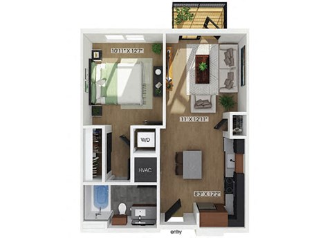 Floor plan for 1 bed, 1 bath, 641 sqft