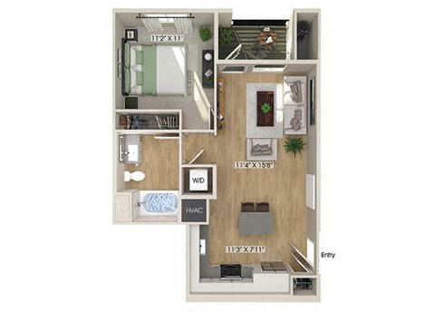 Floor plan for 1 bed, 1 bath, 643 sqft