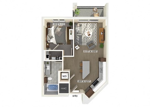 Floor plan for 1 bed, 1 bath, 648 sqft
