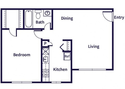 Floor plan for 1 bed, 1 bath, 700 sqft