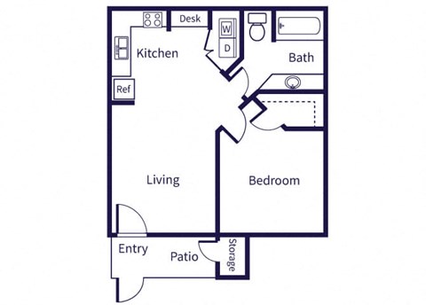 Floor plan for 1 bed, 1 bath, 665 sqft