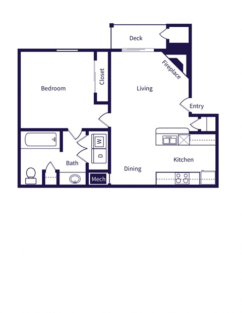 Floor plan for 1 bed, 1 bath, 670 sqft