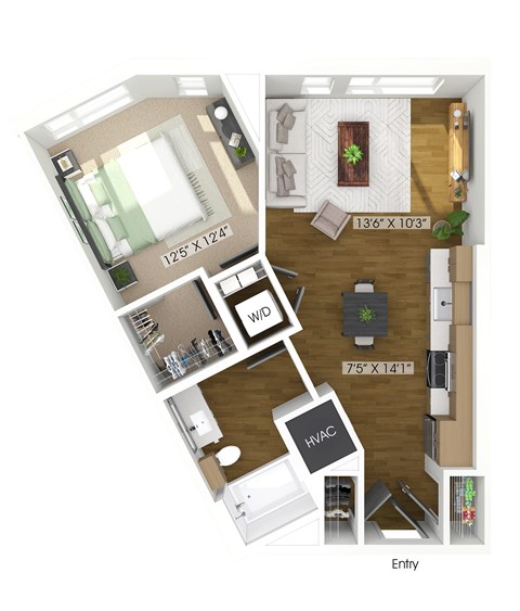 Floor plan for 1 bed, 1 bath, 693 sqft