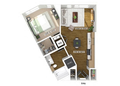 Floor plan for 1 bed, 1 bath, 693 sqft