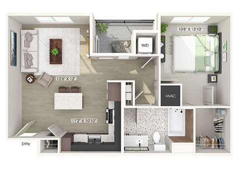 Floor plan for 1 bed, 1 bath, 703 sqft