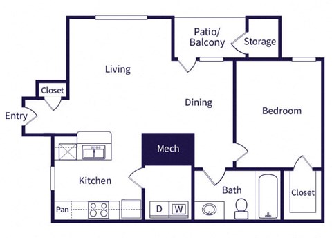 Floor plan for 1 bed, 1 bath, 751 sqft