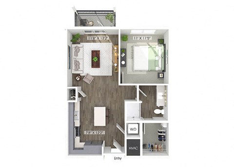 Floor plan for 1 bed, 1 bath, 714 sqft