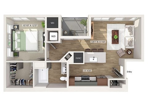 Floor plan for 1 bed, 1 bath, 730 sqft