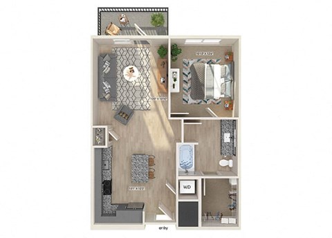 Floor plan for 1 bed, 1 bath, 731 sqft