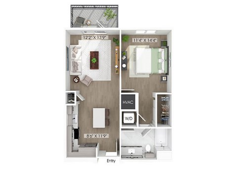 Floor plan for 1 bed, 1 bath, 735 sqft