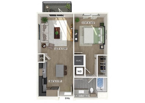 Floor plan for 1 bed, 1 bath, 735 sqft