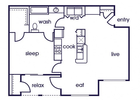 Floor plan for 1 bed, 1 bath, 750 sqft