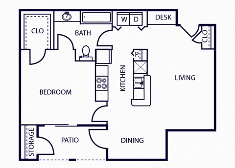 Floor plan for 1 bed, 1 bath, 750 sqft