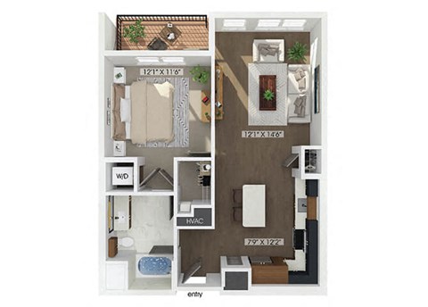 Floor plan for 1 bed, 1 bath, 767 sqft