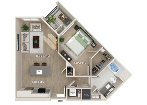Floor plan for 1 bed, 1 bath, 769 sqft