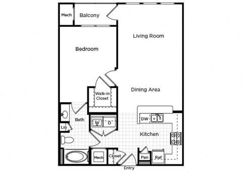 Floor plan for 1 bed, 1 bath, 797 sqft