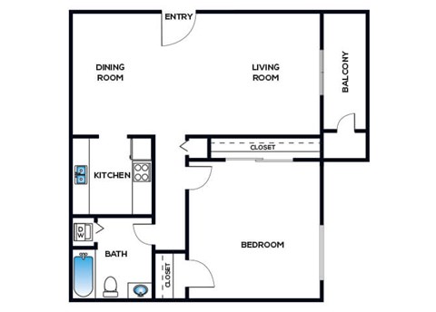 Floor plan for 1 bed, 1 bath, 780 sqft