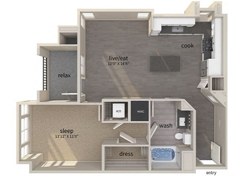 Floor plan for 1 bed, 1 bath, 805 sqft