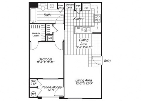 Floor plan for 1 bed, 1 bath, 718 sqft