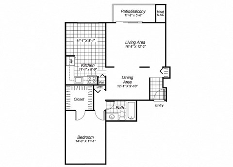 Floor plan for 1 bed, 1 bath, 784 sqft