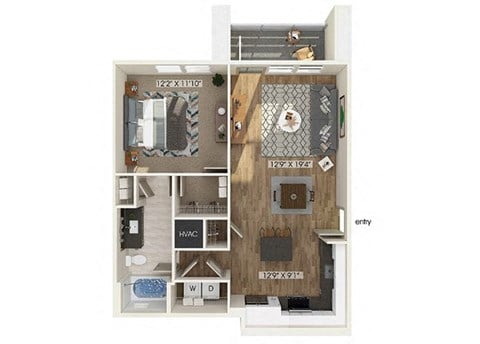 Floor plan for 1 bed, 1 bath, 752 sqft