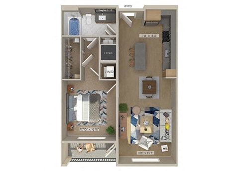 Floor plan for 1 bed, 1 bath, 733 sqft