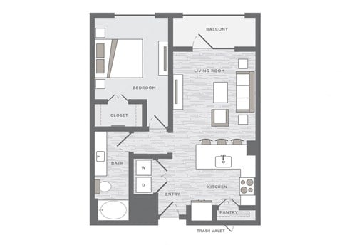 Floor plan for 1 bed, 1 bath, 718 sqft