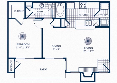 Floor plan for 1 bed, 1 bath, 734 sqft
