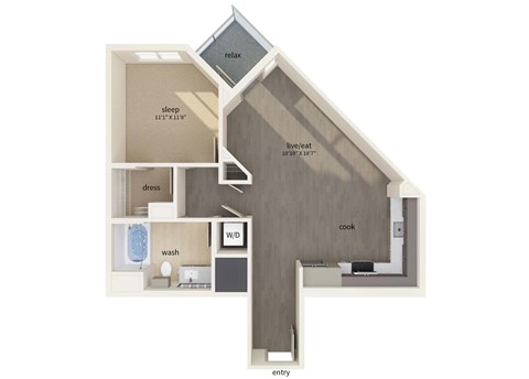 Floor plan for 1 bed, 1 bath, 793 sqft