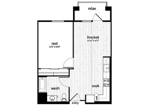 Floor plan for 1 bed, 1 bath, 648 sqft