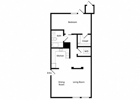 Floor plan for 1 bed, 1 bath, 597 sqft