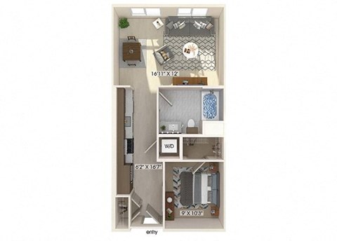 Floor plan for 1 bed, 1 bath, 656 sqft