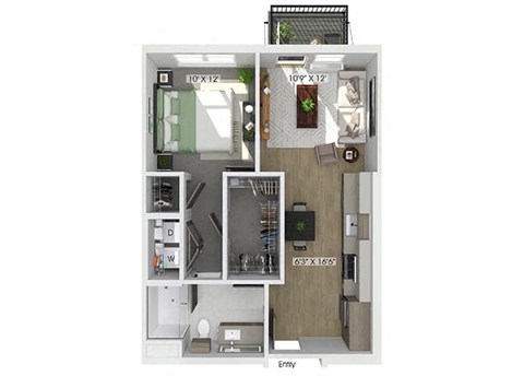 Floor plan for 1 bed, 1 bath, 663 sqft