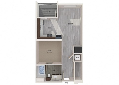 Floor plan for 1 bed, 1 bath, 615 sqft