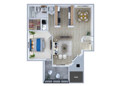 Floor plan for 1 bed, 1 bath, 640 sqft