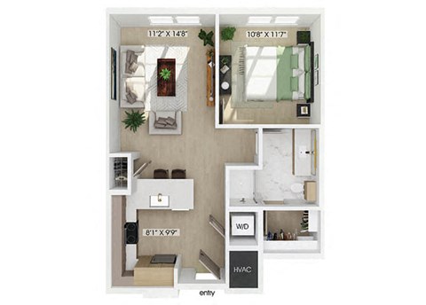 Floor plan for 1 bed, 1 bath, 704 sqft
