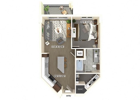 Floor plan for 1 bed, 1 bath, 672 sqft