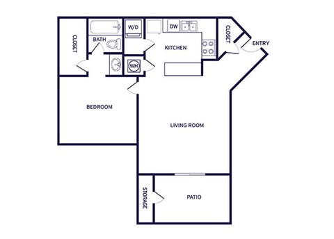 Floor plan for 1 bed, 1 bath, 677 sqft