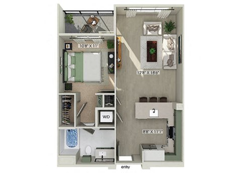 Floor plan for 1 bed, 1 bath, 690 sqft
