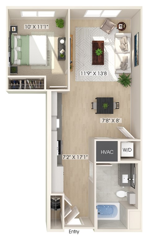 Floor plan for 1 bed, 1 bath, 691 sqft