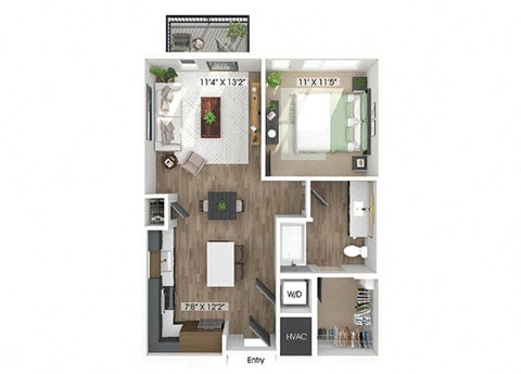 Floor plan for 1 bed, 1 bath, 704 sqft