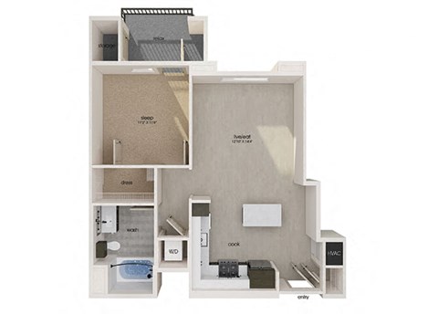 Floor plan for 1 bed, 1 bath, 704 sqft