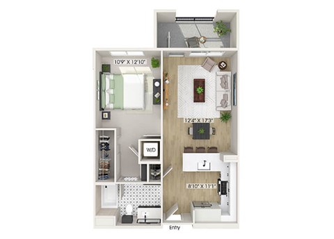 Floor plan for 1 bed, 1 bath, 713 sqft