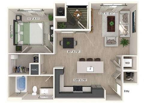 Floor plan for 1 bed, 1 bath, 719 sqft