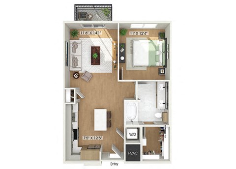 Floor plan for 1 bed, 1 bath, 728 sqft
