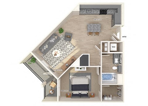 Floor plan for 1 bed, 1 bath, 747 sqft